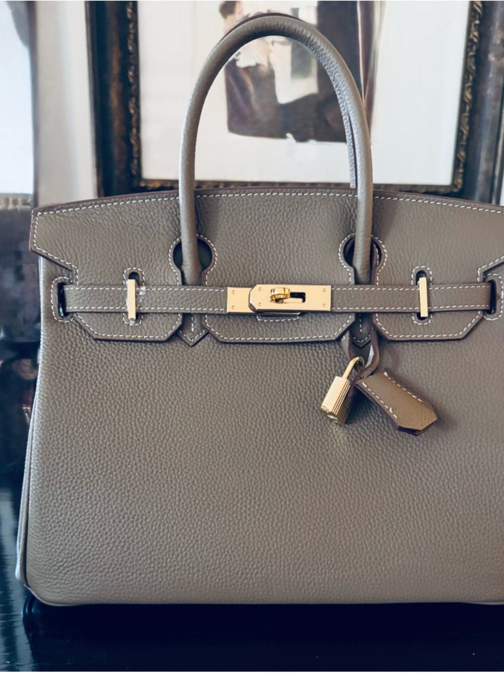 Taupe Italian Leather Top-Handle Tote. 
“Birkin Style” Handcrafted  in Italy